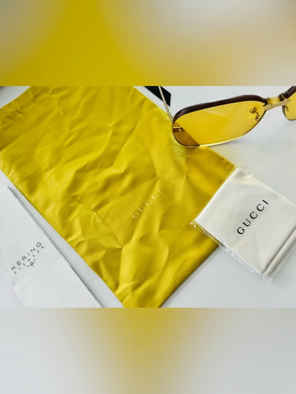 Authentic Gucci GG0355S 005 Gold Rimless Yellow Lens Sunglasses Complete Set Jap